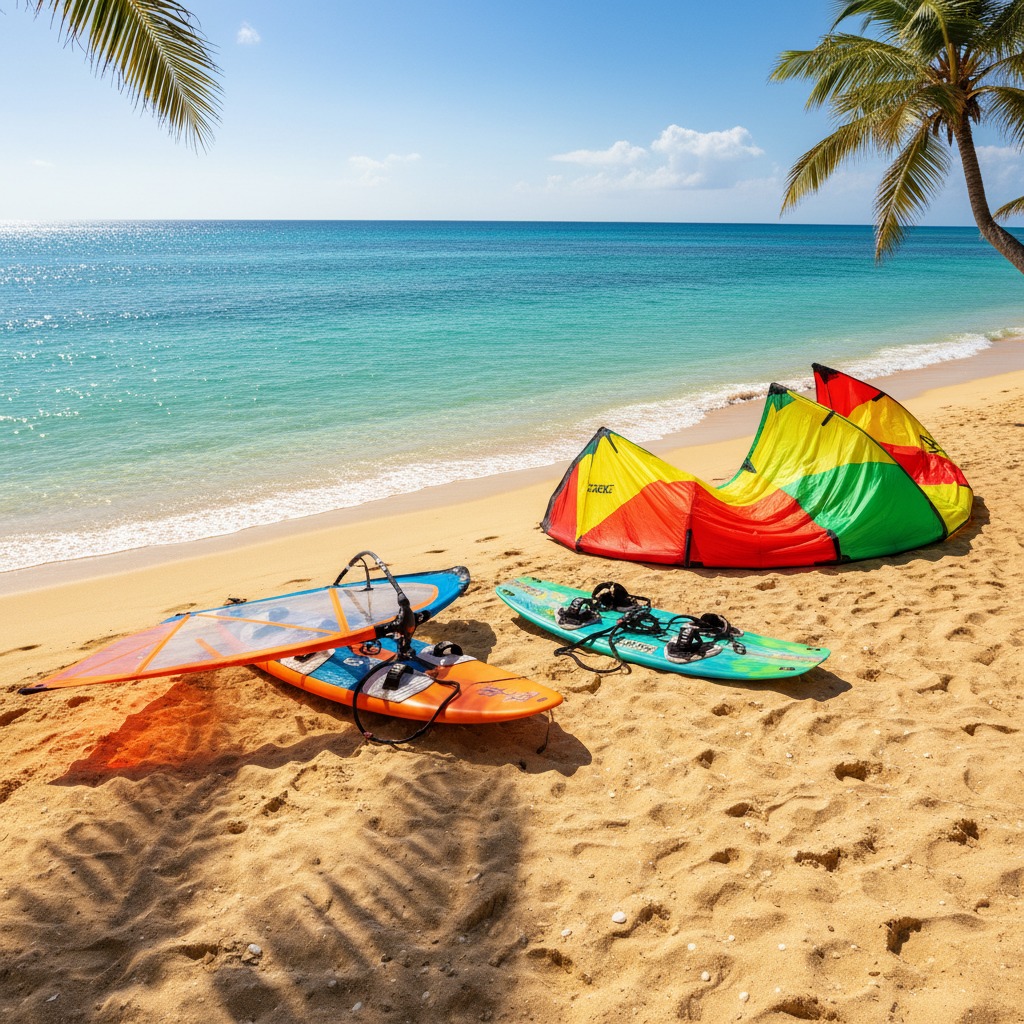 Tablas de windsurf y una cometa de kitesurf descansan sobre la arena de una playa tropical bajo un cielo despejado.