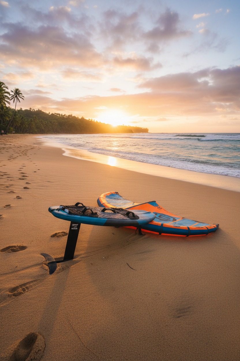 Una tabla de hidrofoil y una vela de wing foil descansan sobre la arena de una playa durante el atardecer.